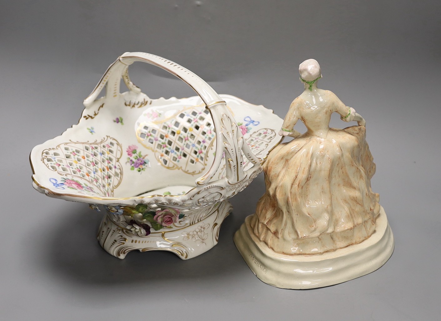 R. H. Belcher, pottery figure of a lady, 24cm and a Dresden porcelain floral encrusted basket 34cm